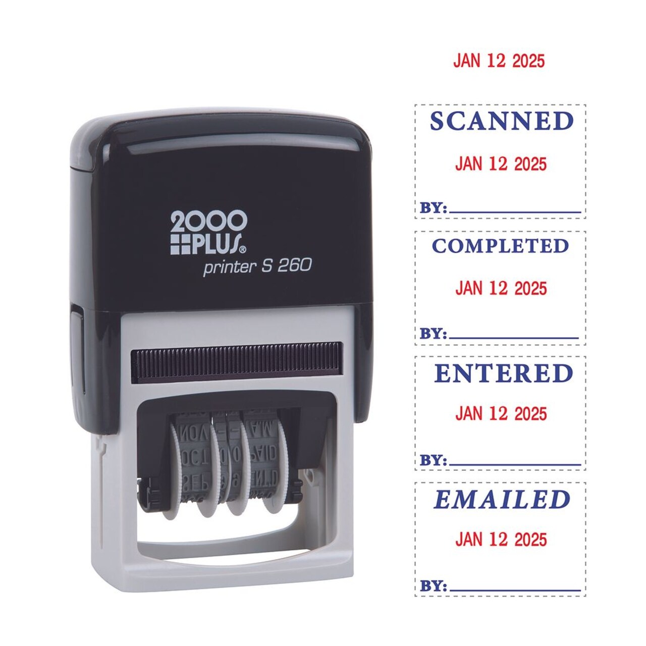 2000 PLUS 4 in 1 e-Message and Date Stamp, COMPLETED, EMAILED, ENTERED AND SCANNED, 1-3/4" X 15/16" Impression, Self-Inking, Red Ink